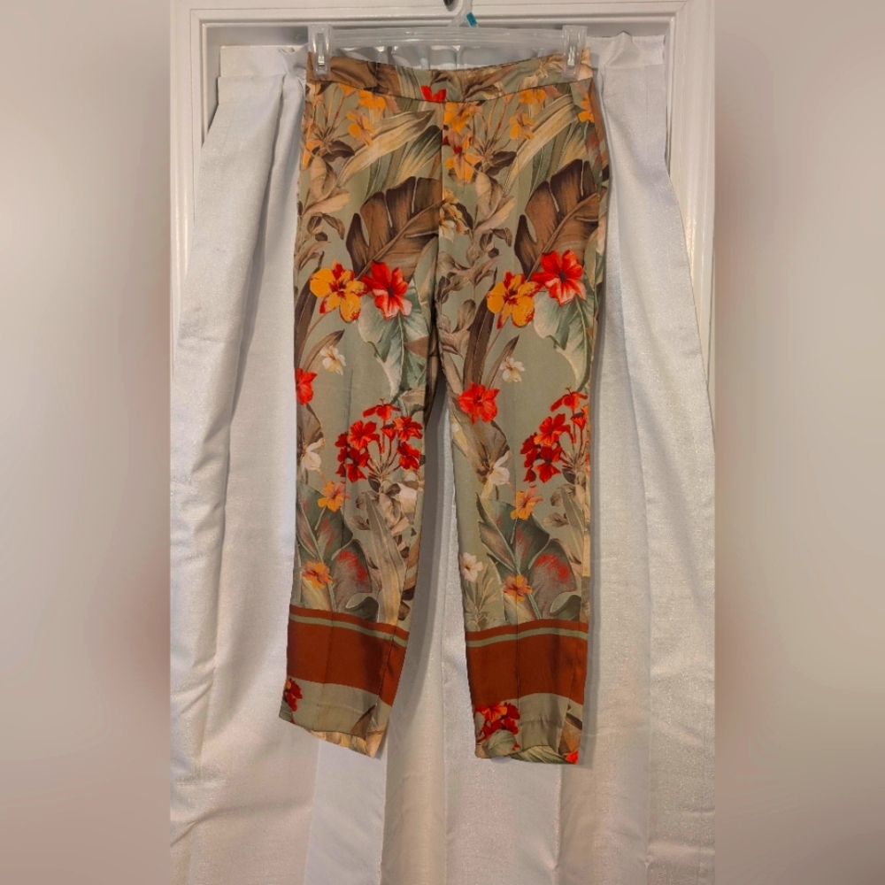 Zara Tropical Floral Silky & Airy‎ Pants with Pockets Women's Size XS